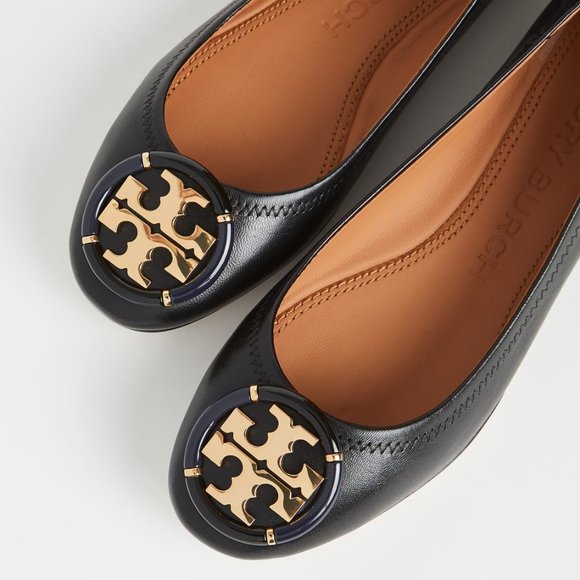 Tory Burch Enamel Logo Leather Ballet Flats Perfect Black Gold Heel Details - Picture 10 of 15